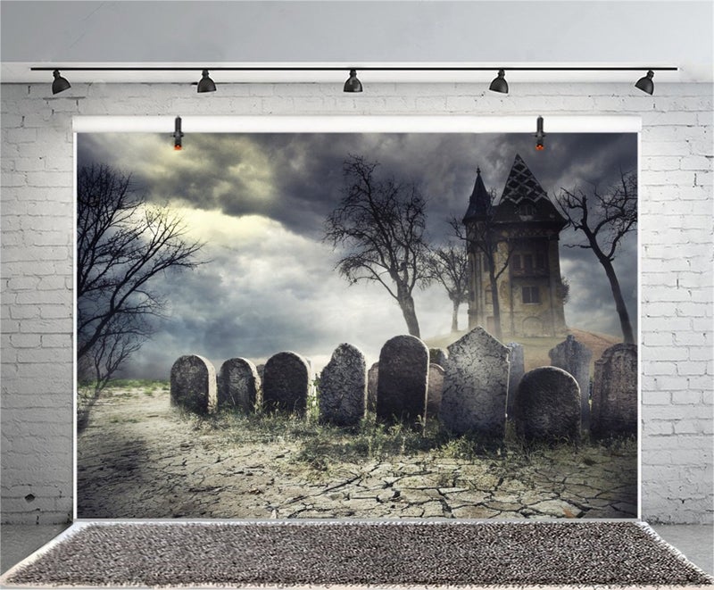 Laeacco Halloween Theme Backdrop 10x6.5ft Scary Haunted House Creepy Cemetery Backdrop Cloudy Wilderness Ghastly Spooky Tombs Foggy Haunted Castle Trick or Treat Party Decoration Halloween Photo Prop - Image 4